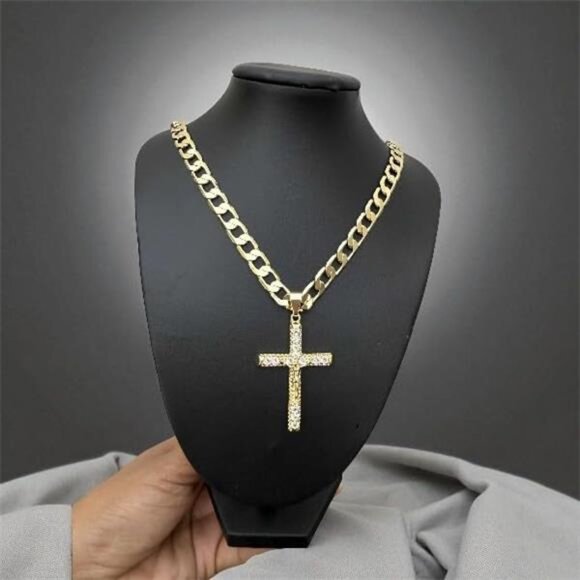14K GP Jesus Christ Cross Crucifix Pendant CZ, Miami Cuban Chain 20-Inch 4mm - Picture 4 of 8